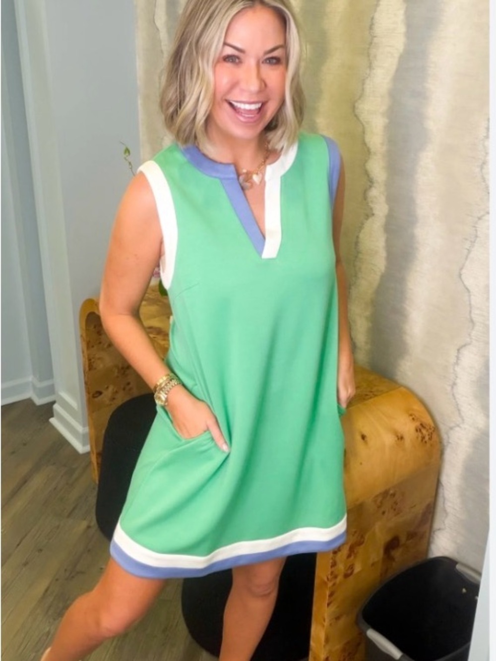entro Green Sleeveless Shift Dress with White & Lavender Trim